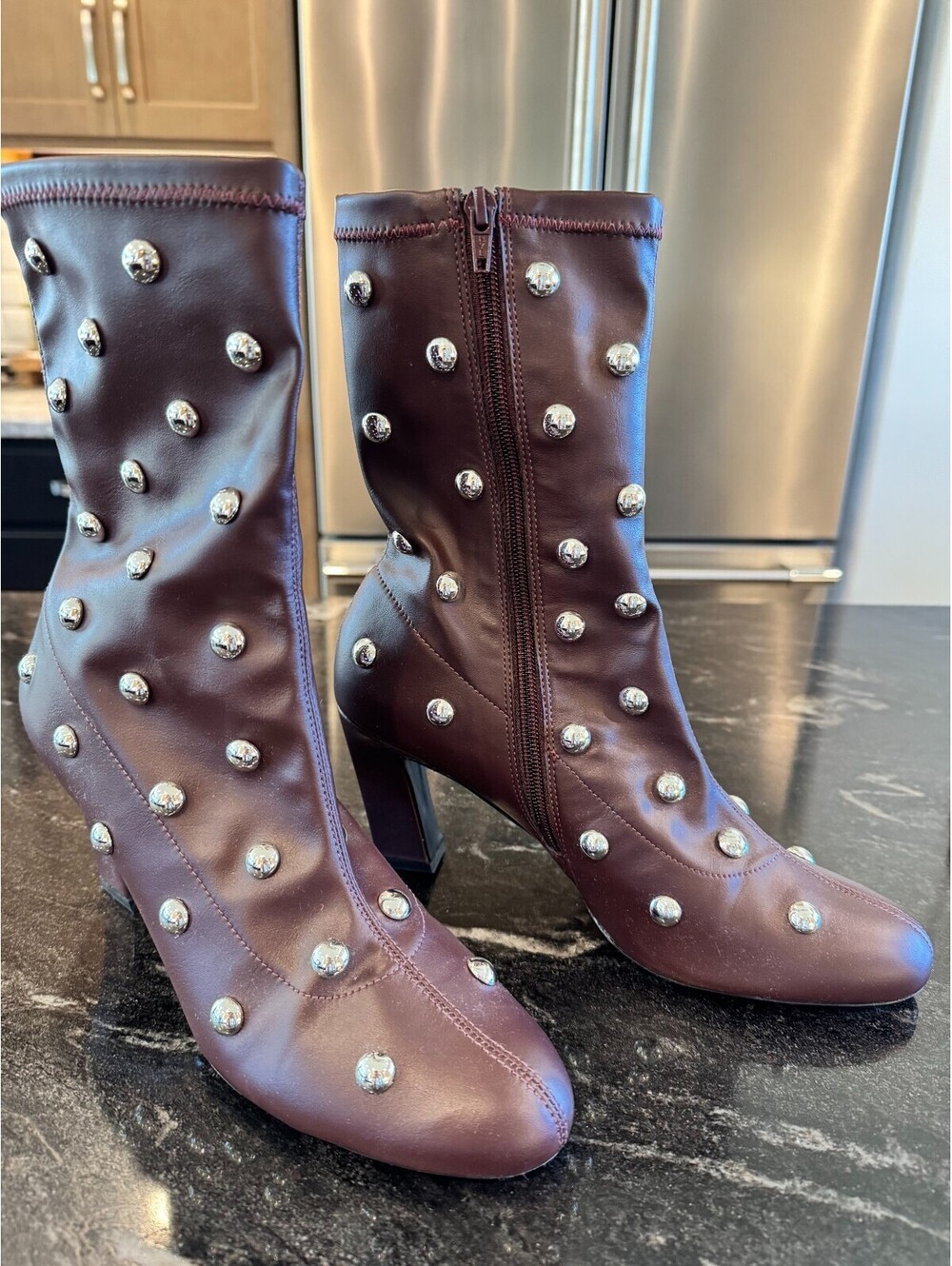 Anthropologie Maeve Studded Stretch Ankle Boots Burgundy Maroon Silver Studs 10